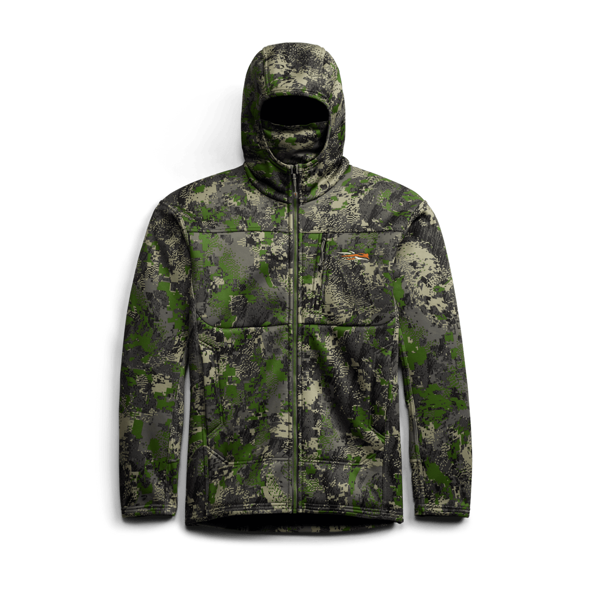 Green-gray digital camouflage hooded zip jacket with stand collar and chest pocket