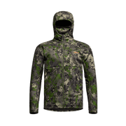 Camouflage zip-up hooded jacket with full-length zipper and two front pockets.