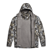 Gray hooded zip jacket with camo sleeves and hidden hand pockets