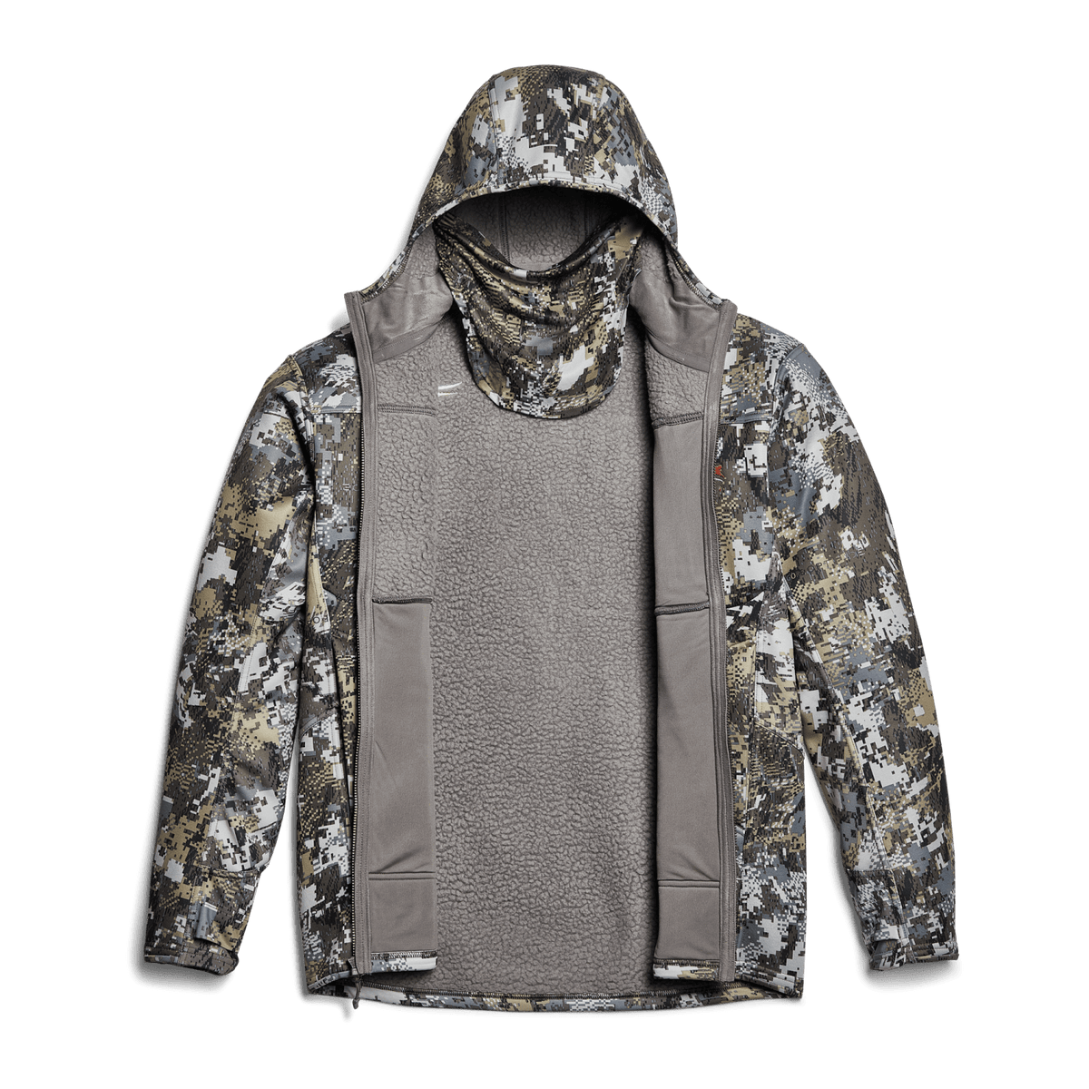 Gray hooded zip jacket with camo sleeves and hidden hand pockets