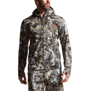 Traverse hoodie in Optifade pattern camo, model wearing hooded full-zip jacket