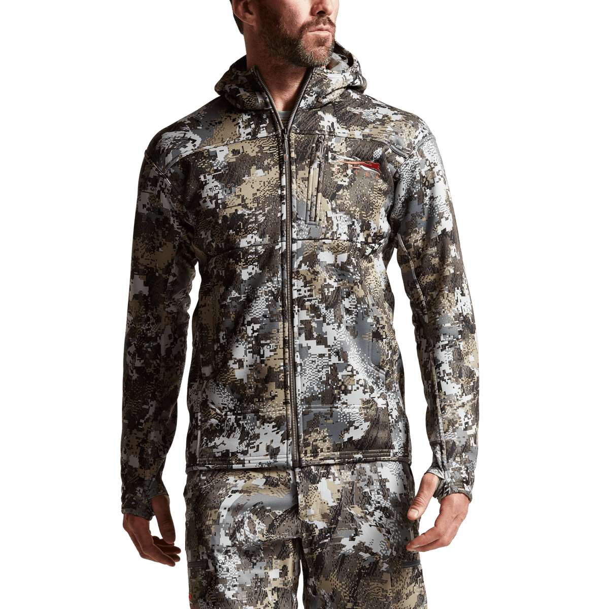 Traverse hoodie in Optifade pattern camo, model wearing hooded full-zip jacket