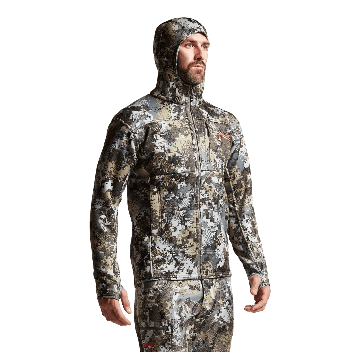 Camouflage zip-up hooded jacket on model, side view with long sleeves.