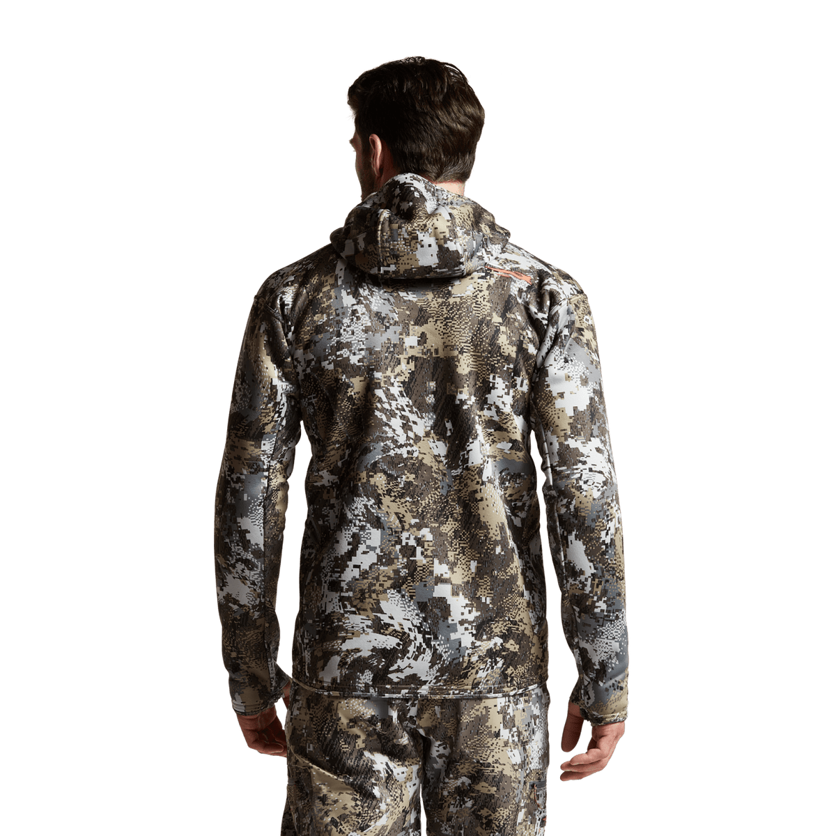 Back view camouflage zip-up hoodie with hood and long sleeves