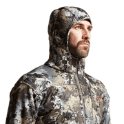 Digital camouflage hooded zip jacket close-up with face opening and front zipper