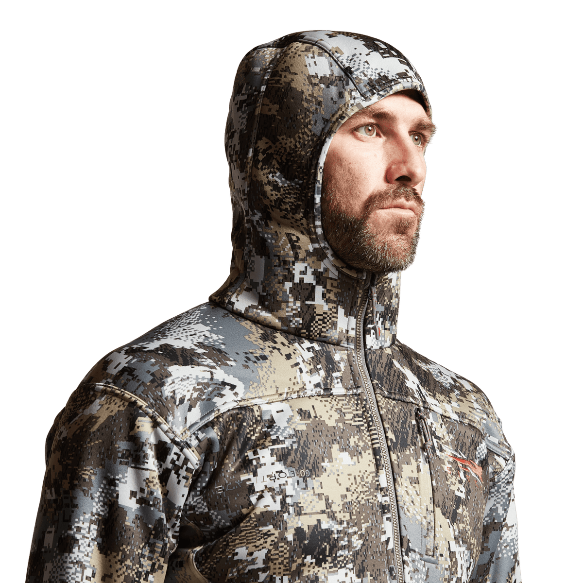 Digital camouflage hooded zip jacket close-up with face opening and front zipper