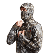 Camouflage zip-up hoodie with hood, front zipper, and hand-warming pockets