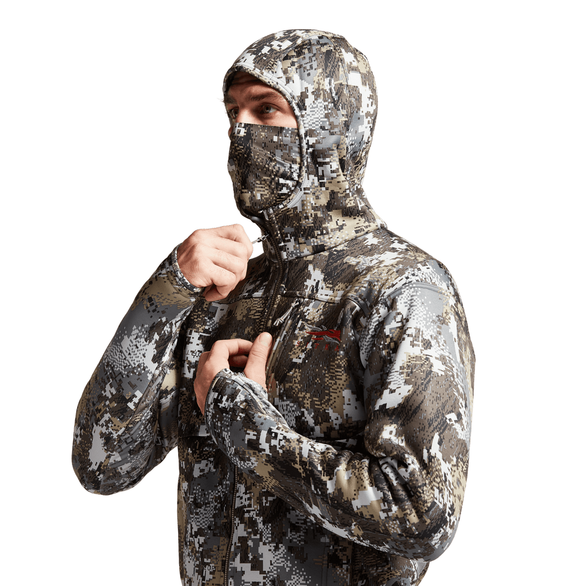 Camouflage zip-up hoodie with hood, front zipper, and hand-warming pockets