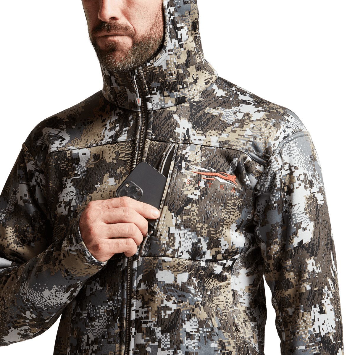 Camouflage hooded jacket detail with visible zipper pull and chest logo patch.