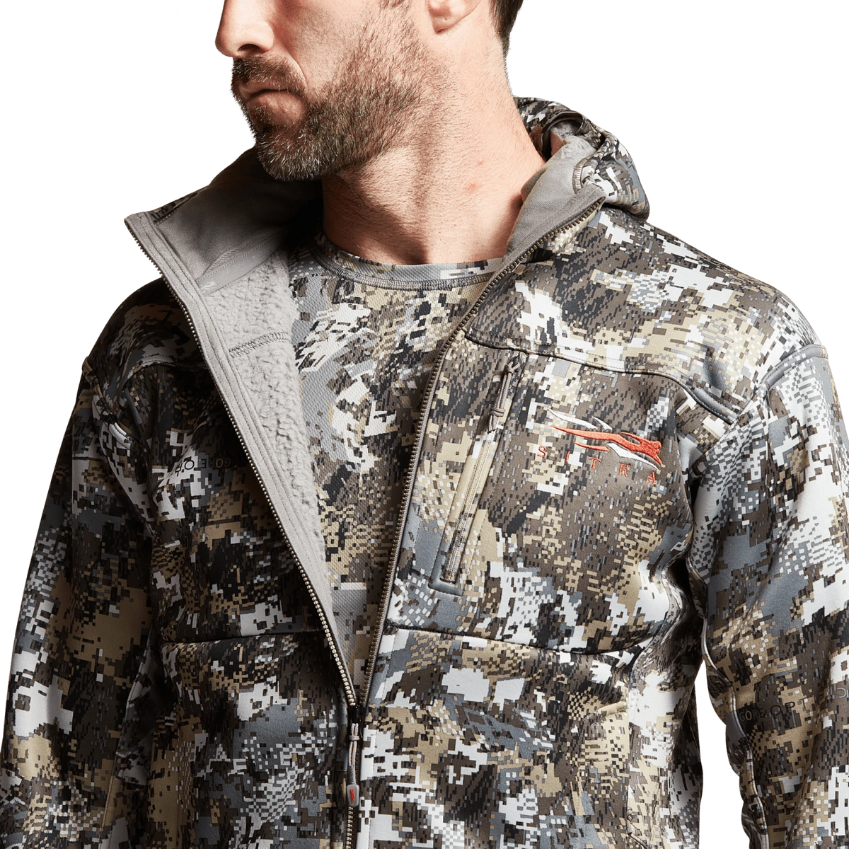 Camouflage zip-up hoodie with raised collar, front zipper, and chest pocket