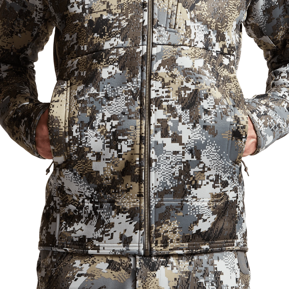 Traverse hoodie in light pixel camo, full-zip front, hood, and cuffed sleeves