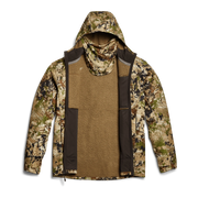 Traverse hoodie with camo outer and tan interior chest panel, hood and zip front