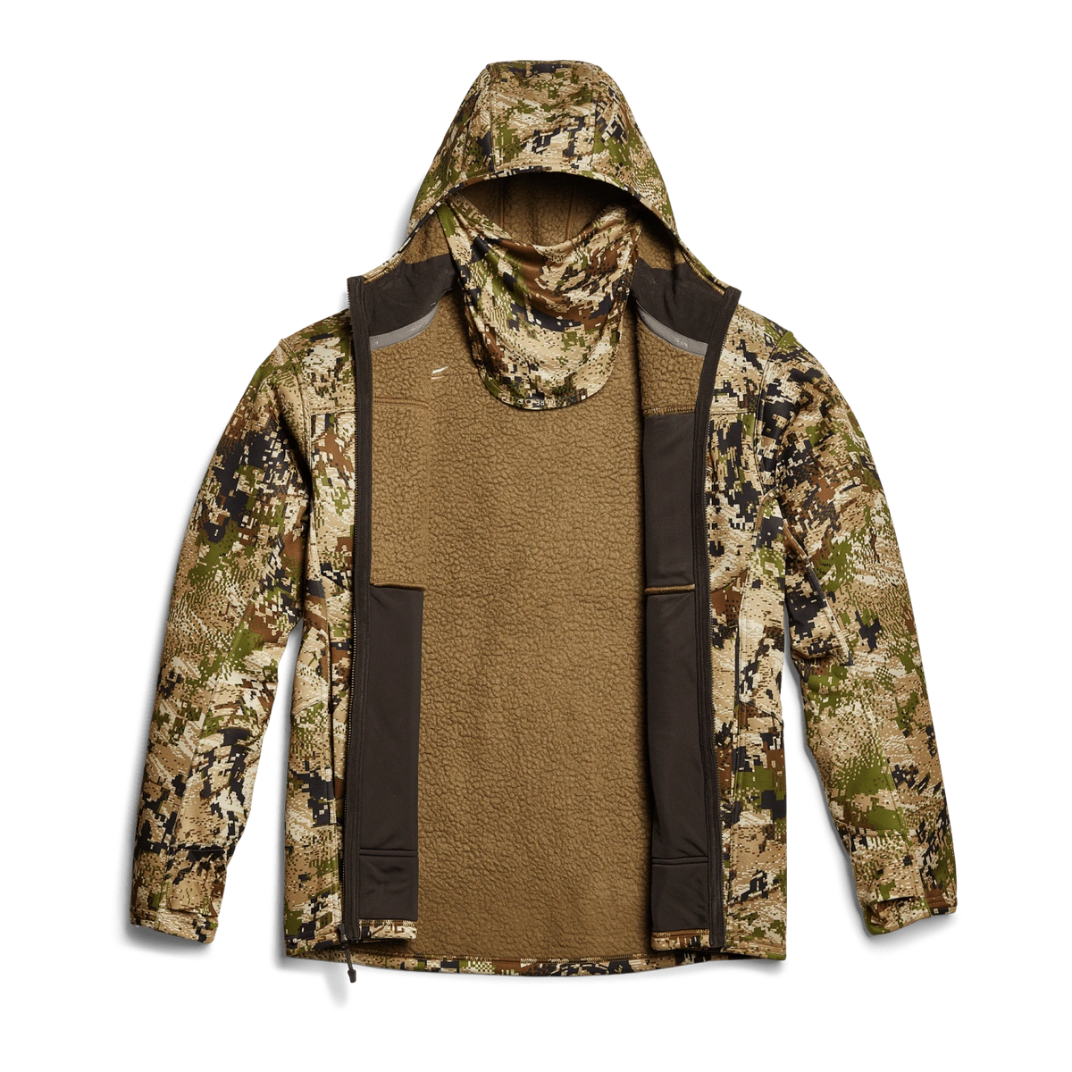 Traverse hoodie with camo outer and tan interior chest panel, hood and zip front