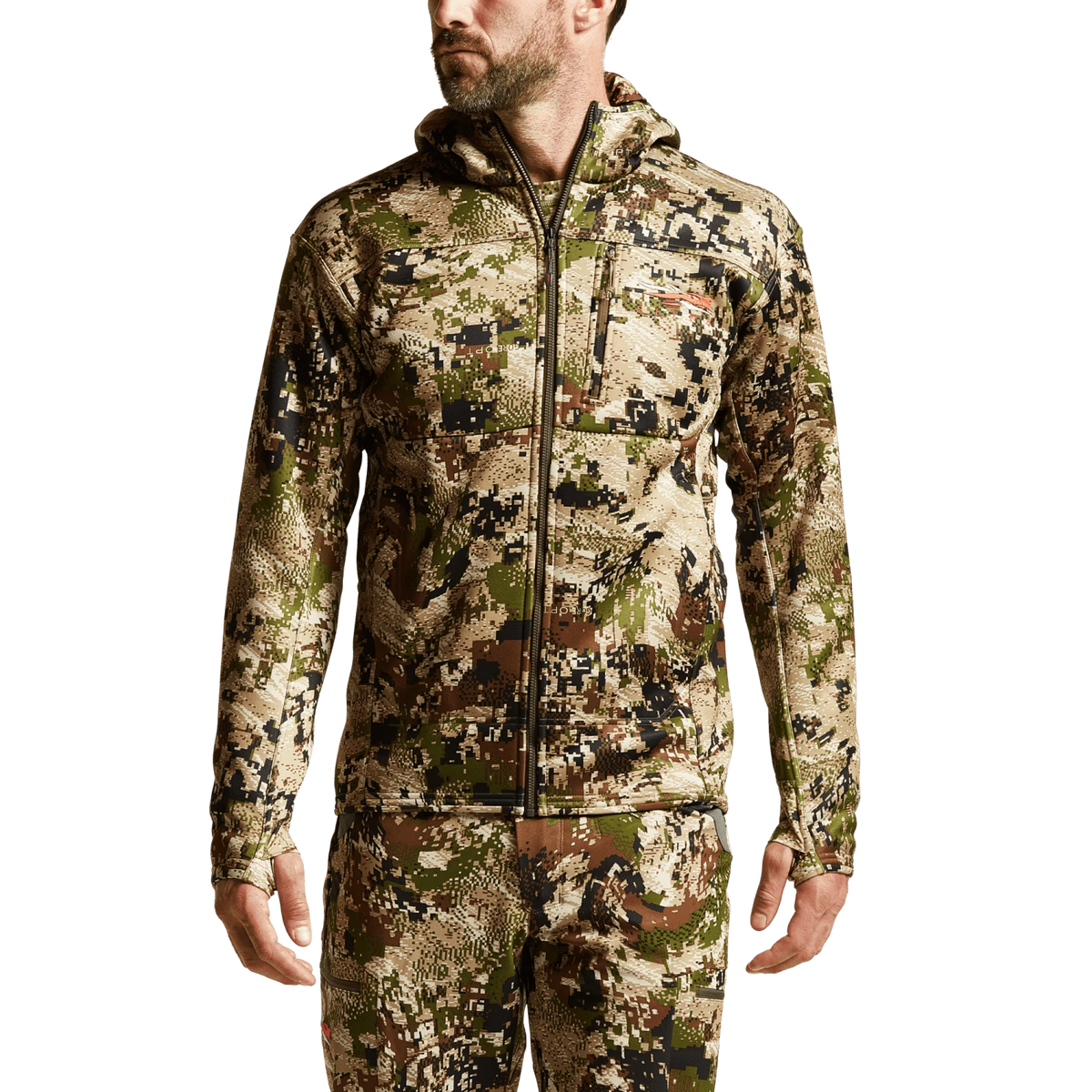 Camouflage zip hoodie with hood, full-length zipper and front kangaroo pocket