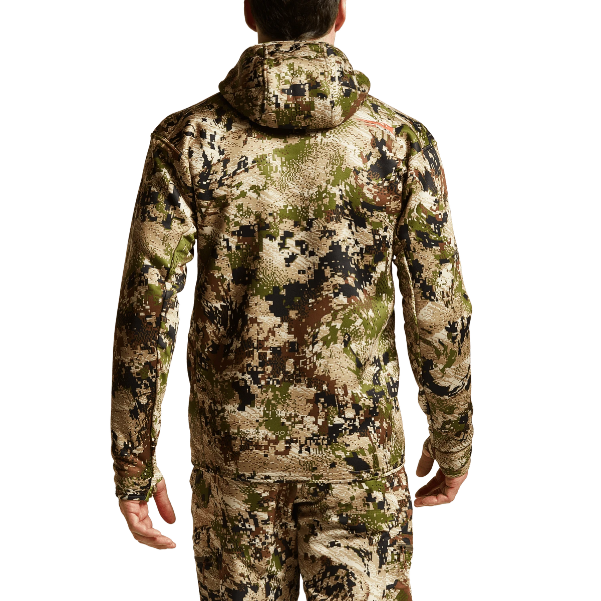 Camouflage zip hoodie with hood, full back coverage and patterned long sleeves