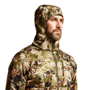 Camouflage zip hoodie with hood, full zipper and patterned fabric at high collar