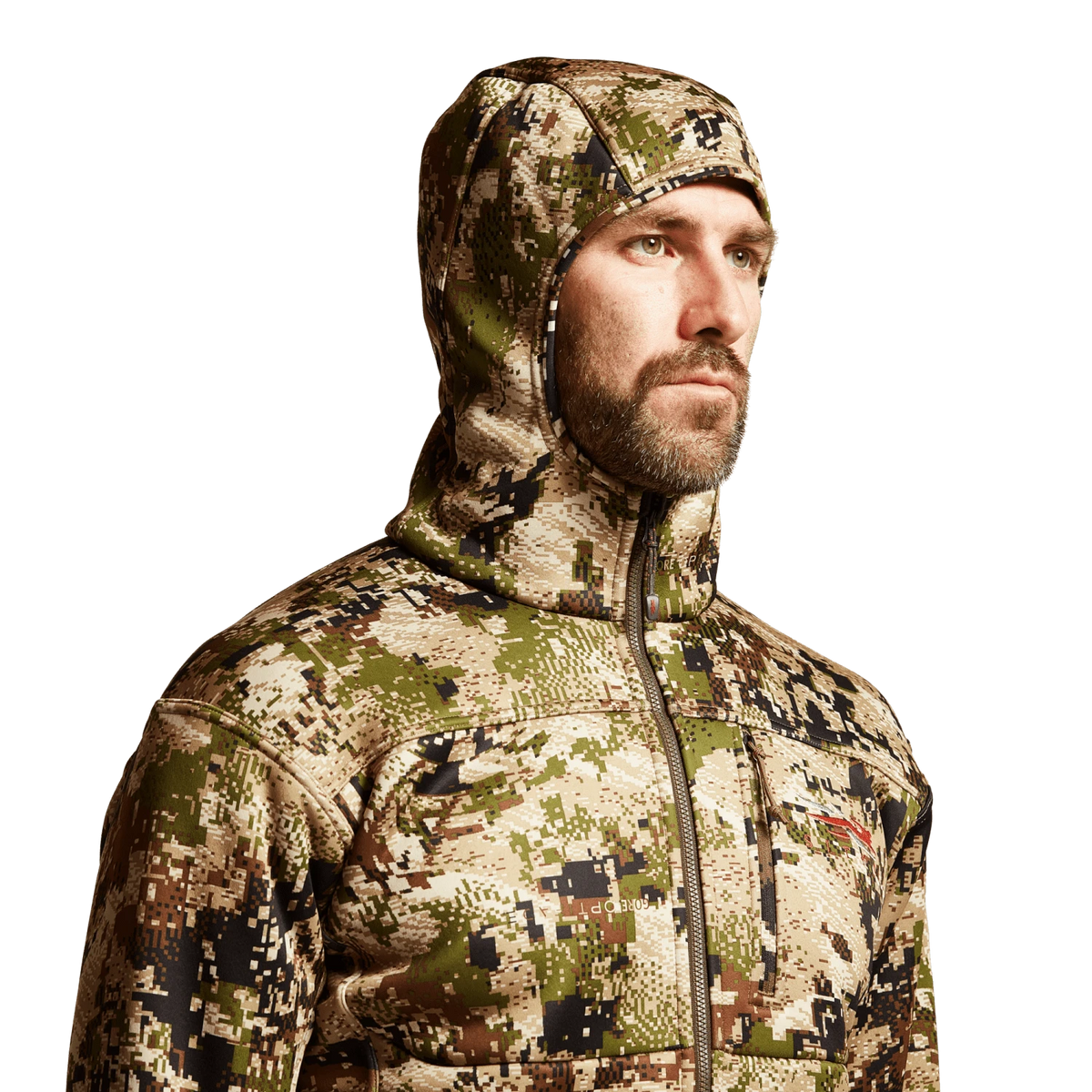 Camouflage zip hoodie with hood, full zipper and patterned fabric at high collar