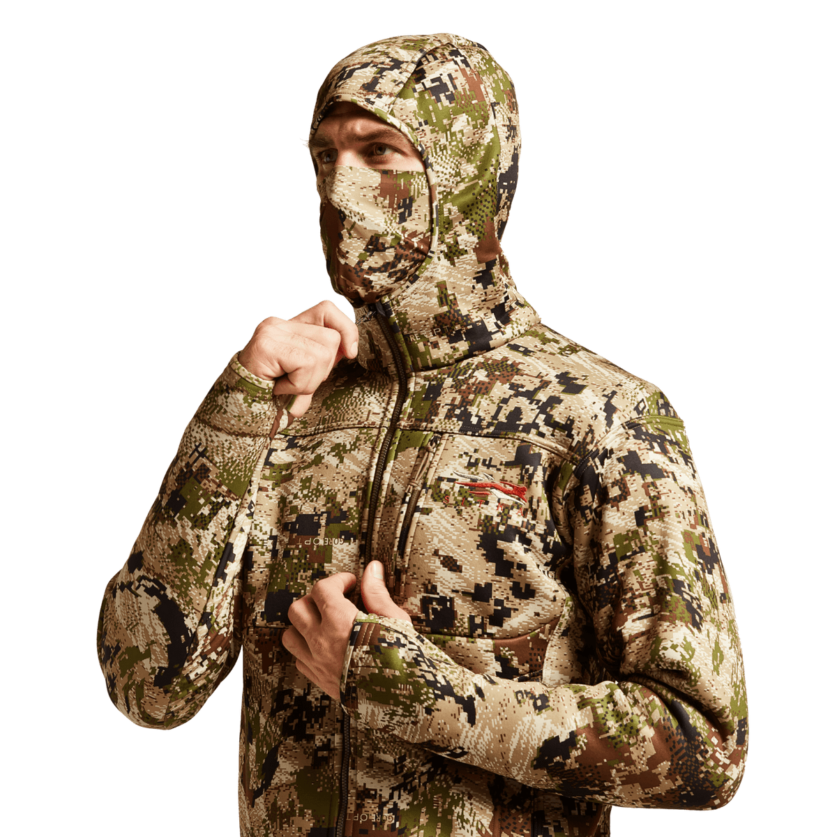 Camouflage zip hoodie with hood and front zipper, kangaroo pocket and long sleeves