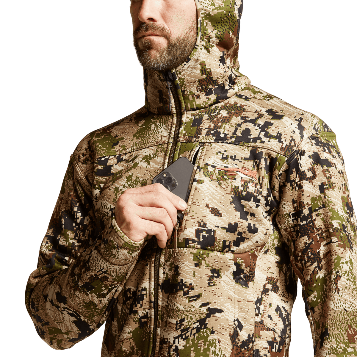 Camouflage zip hoodie with front zipper and patterned chest, thumb-length sleeves
