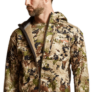 Camouflage zip hoodie with hood and front zipper, layered gray collar visible