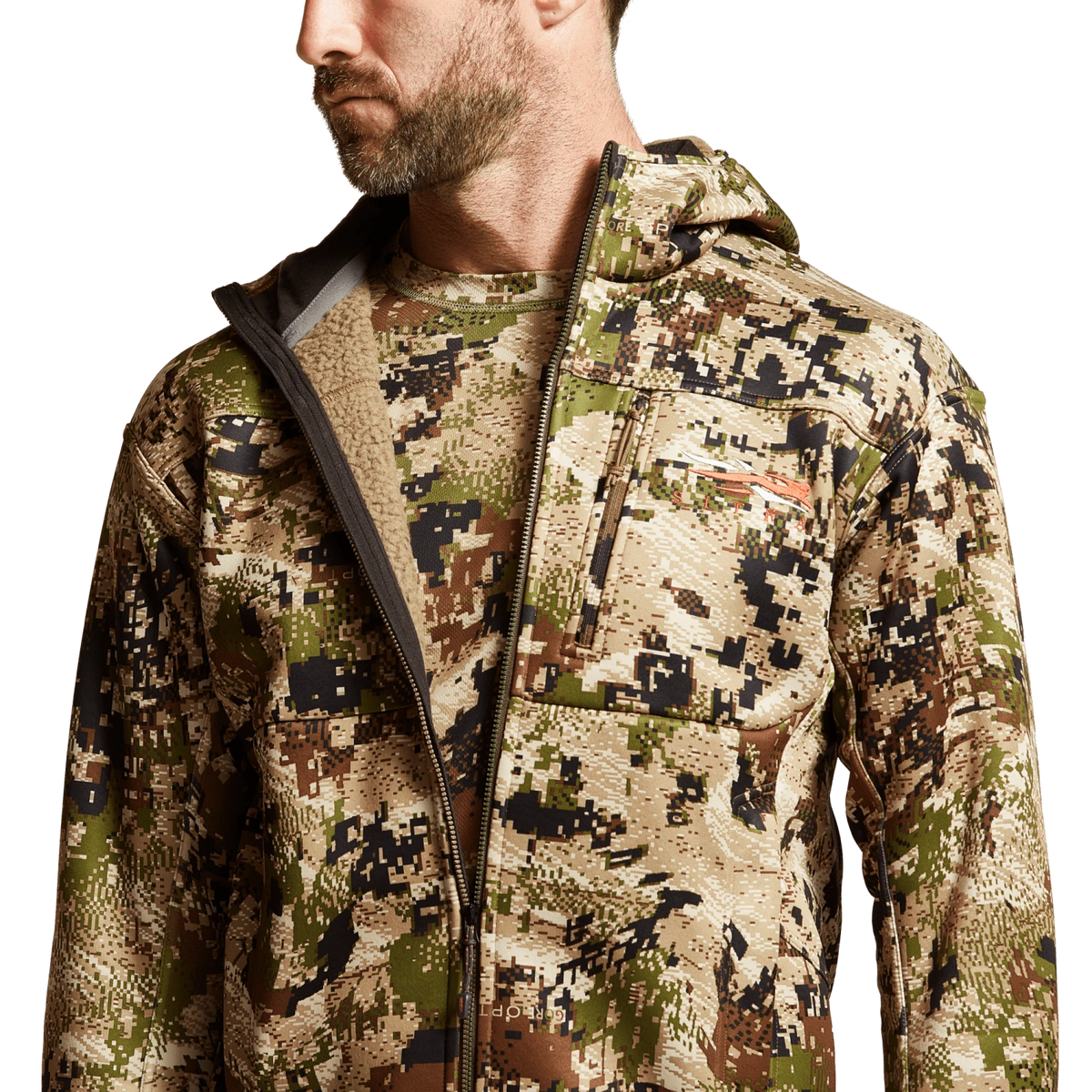 Camouflage zip hoodie with hood and front zipper, layered gray collar visible
