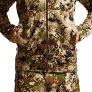Camouflage zip hoodie front with center zipper and kangaroo pocket panel