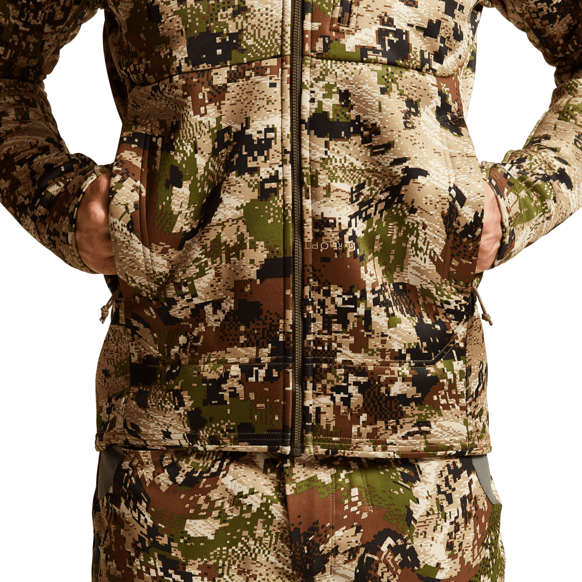 Camouflage zip hoodie front with center zipper and kangaroo pocket panel