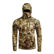 Traverse hoodie in tan and green pixel camouflage, full-zip front and hood