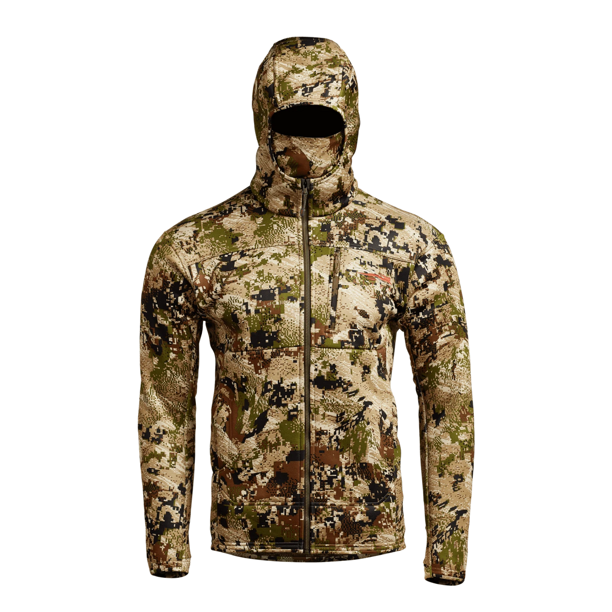 Traverse hoodie in tan and green pixel camouflage, full-zip front and hood