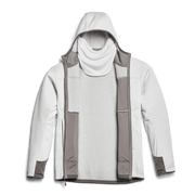 White hoodie with attached hood and front zipper; gray fleece lining panels visible