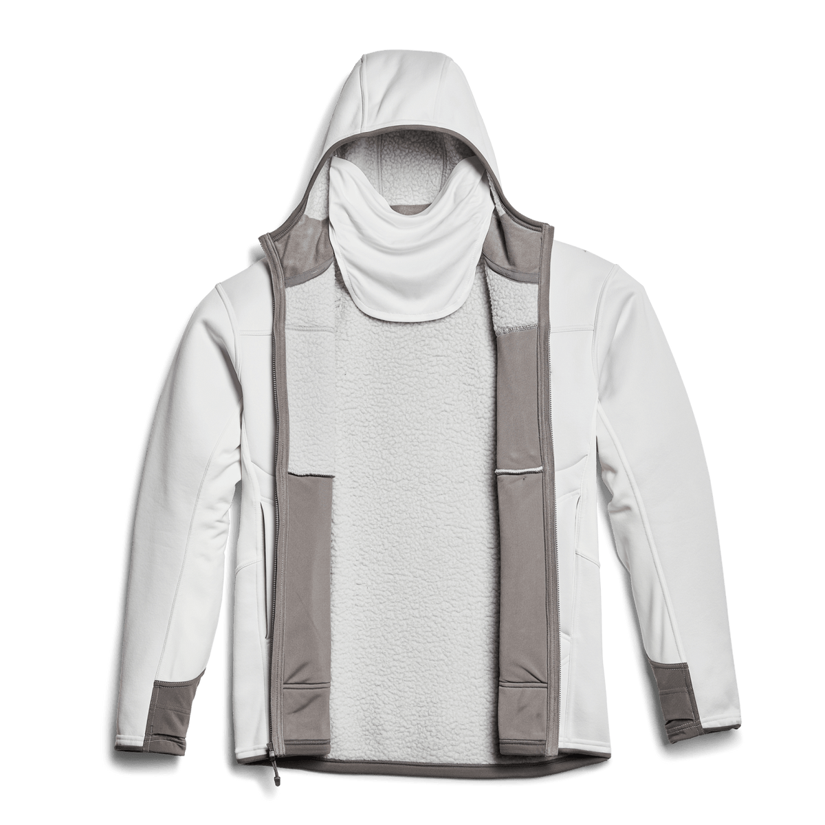 White hoodie with attached hood and front zipper; gray fleece lining panels visible