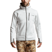 White zip-front hoodie with hood and chest pocket detail