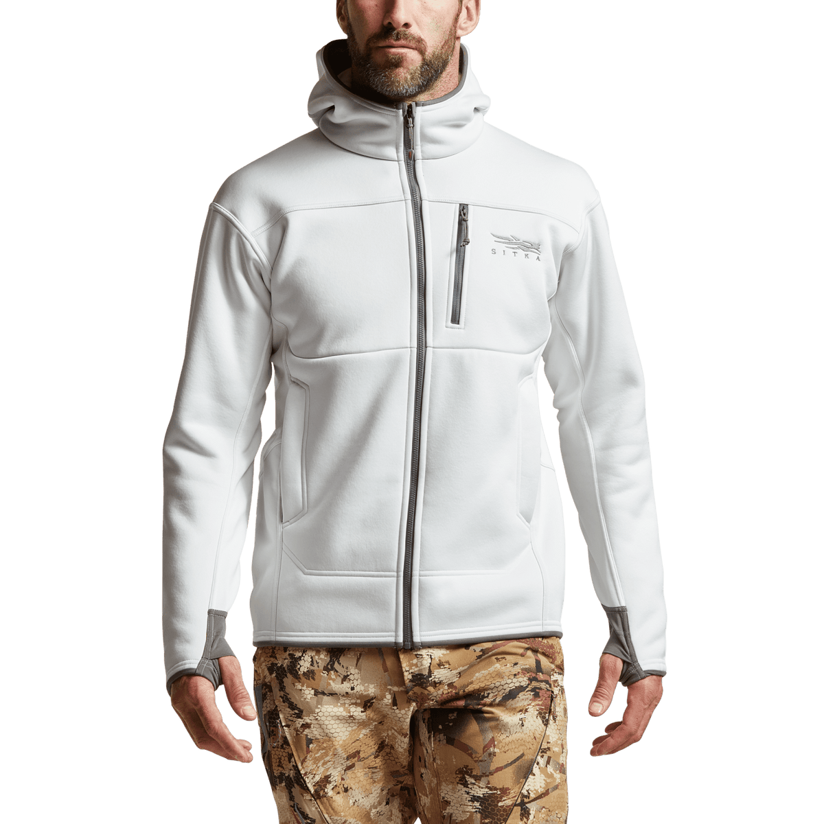 White zip-front hoodie with hood and chest pocket detail