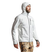 White zip-up hoodie with attached hood and front zipper, worn and side-view with cuffs