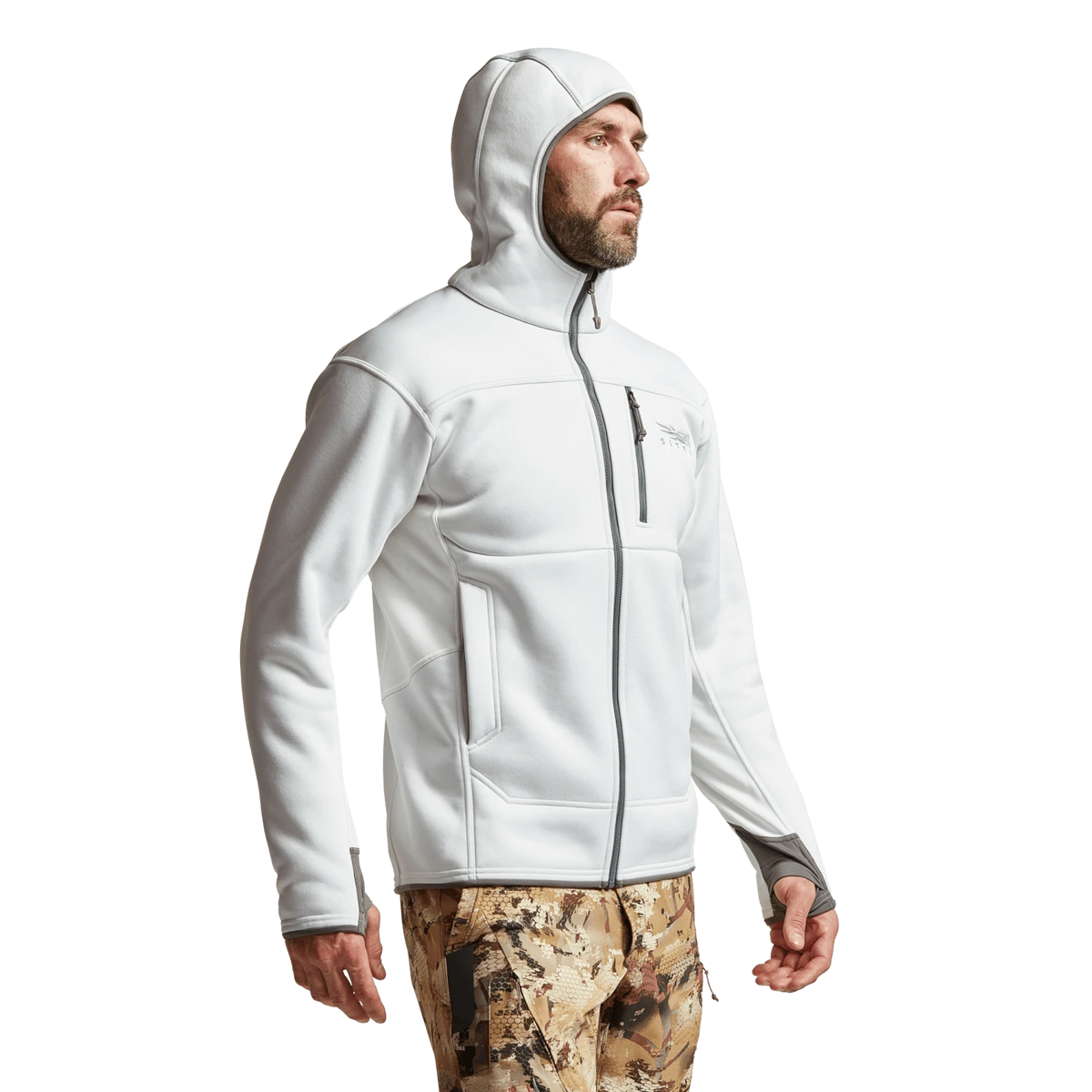 White zip-up hoodie with attached hood and front zipper, worn and side-view with cuffs