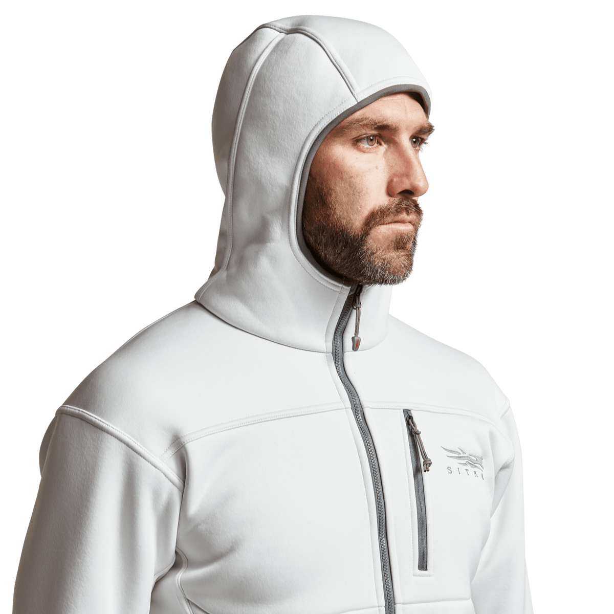 White hooded zip jacket close-up with drawcord-free hood opening