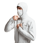 White hooded zip hoodie with face covering and front zipper
