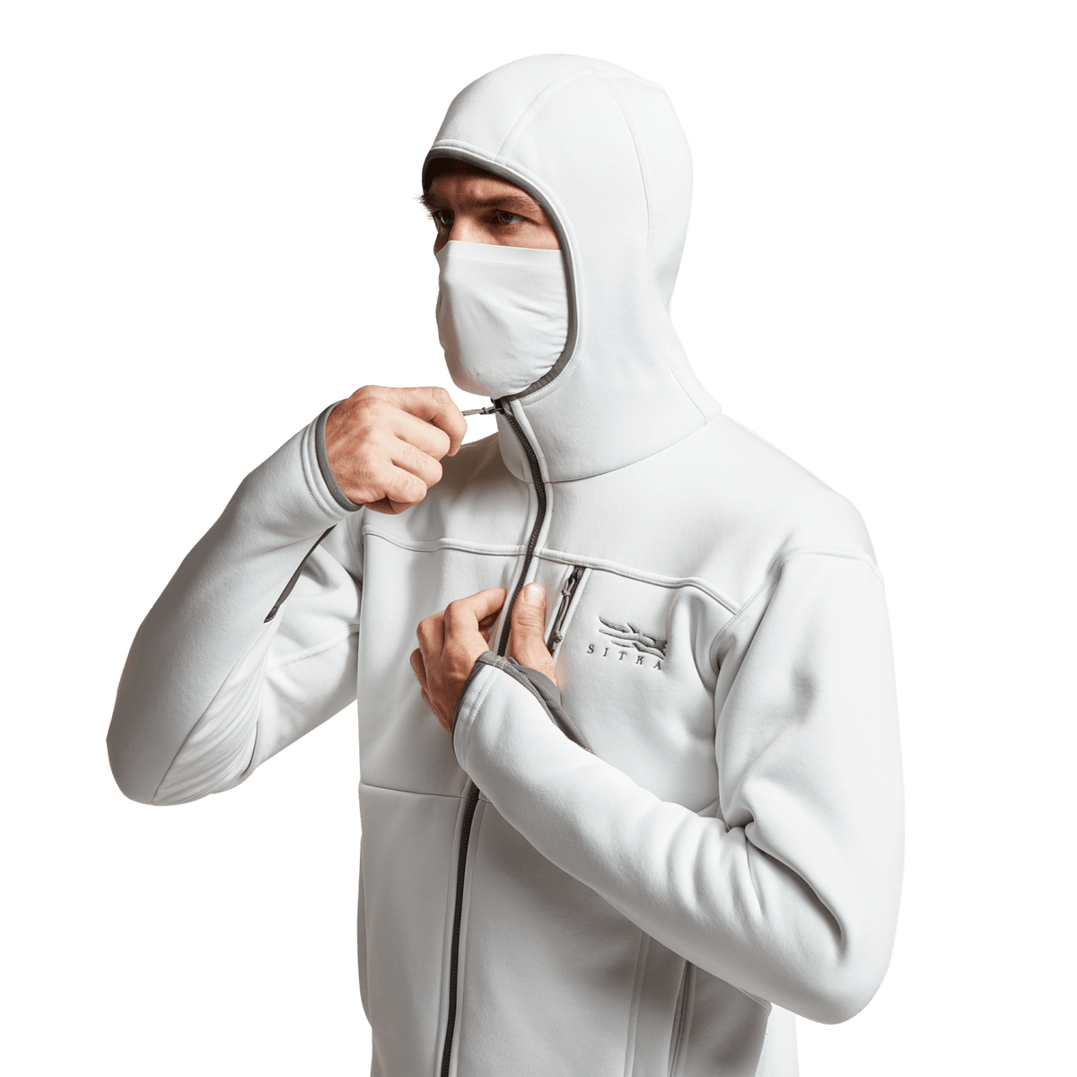 White hooded zip hoodie with face covering and front zipper