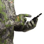 Green pixel camo Traverse gloves close-up with black palm overlay and wrist cuff.