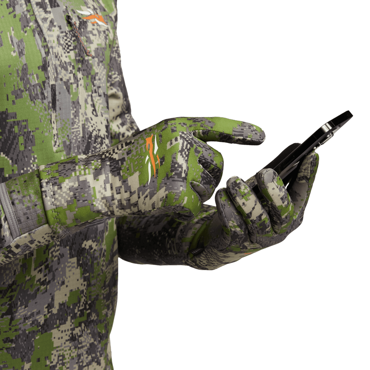 Green pixel camo Traverse gloves close-up with black palm overlay and wrist cuff.