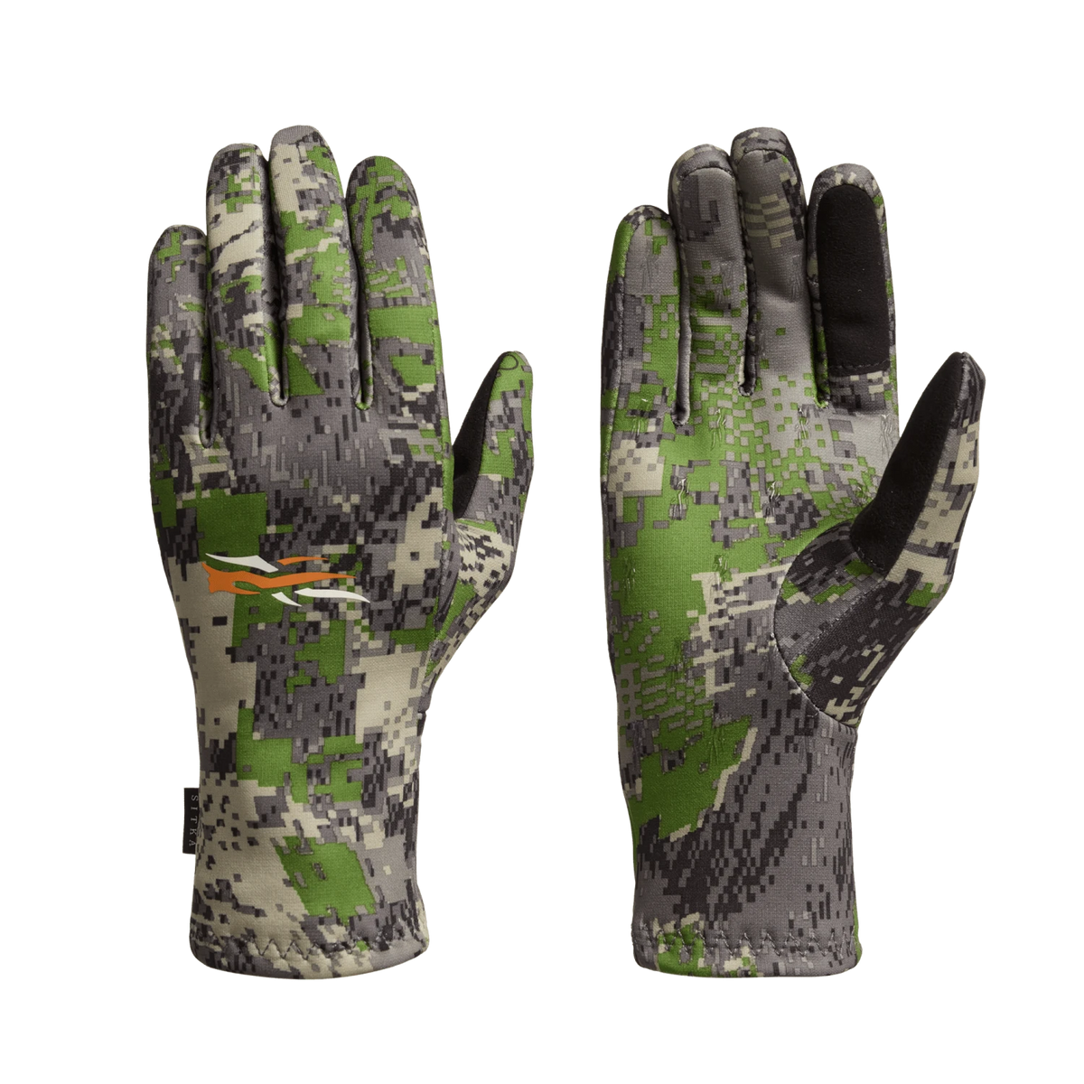 Traverse gloves in green-and-gray pixel camo with black back-of-hand accents