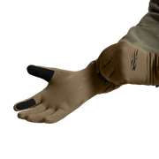 Coyote tan Traverse gloves, one glove shown with black accent tips and logo.