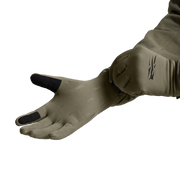 Coyote tan Traverse gloves, one glove shown with black accent fingertips and logo.
