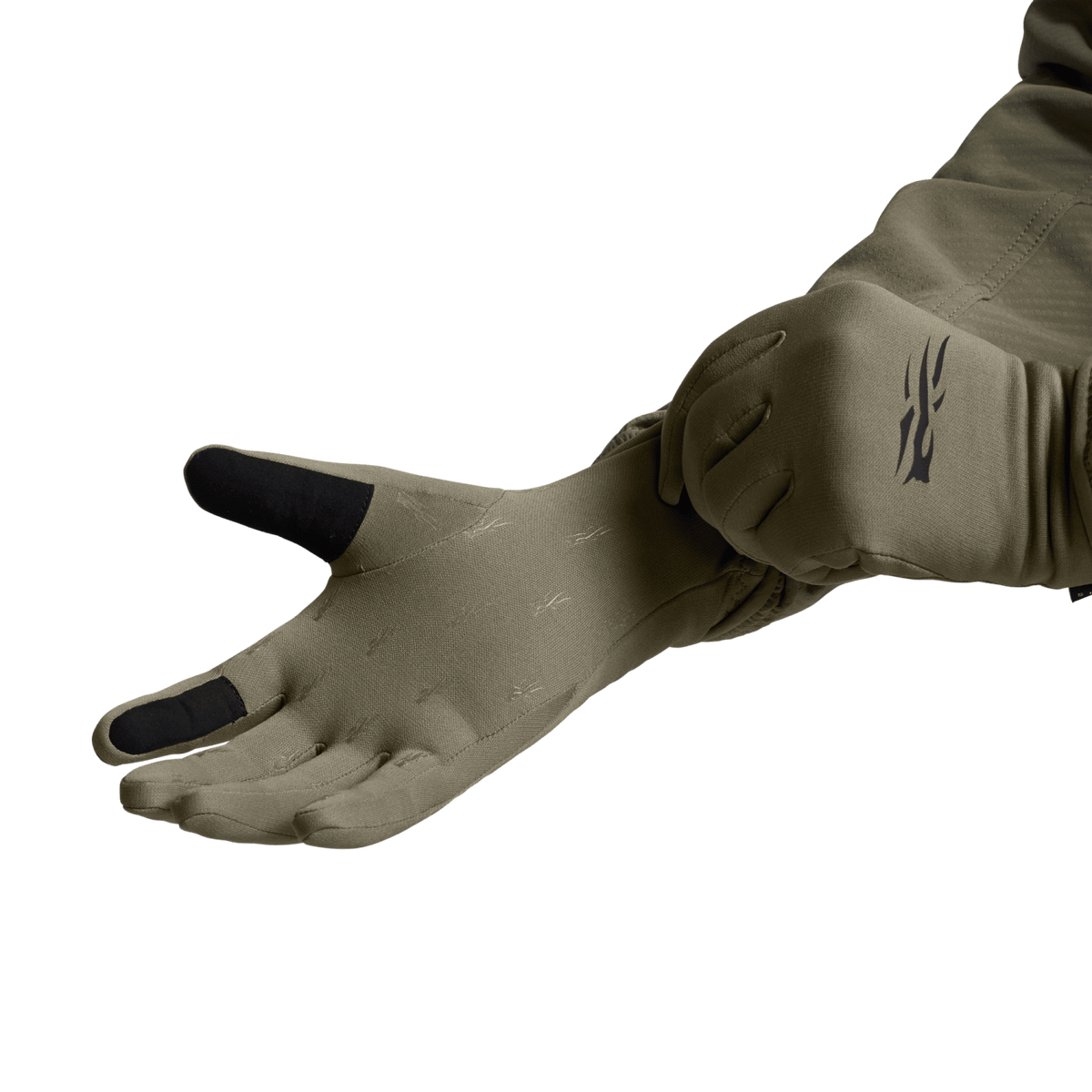 Coyote tan Traverse gloves, one glove shown with black accent fingertips and logo.