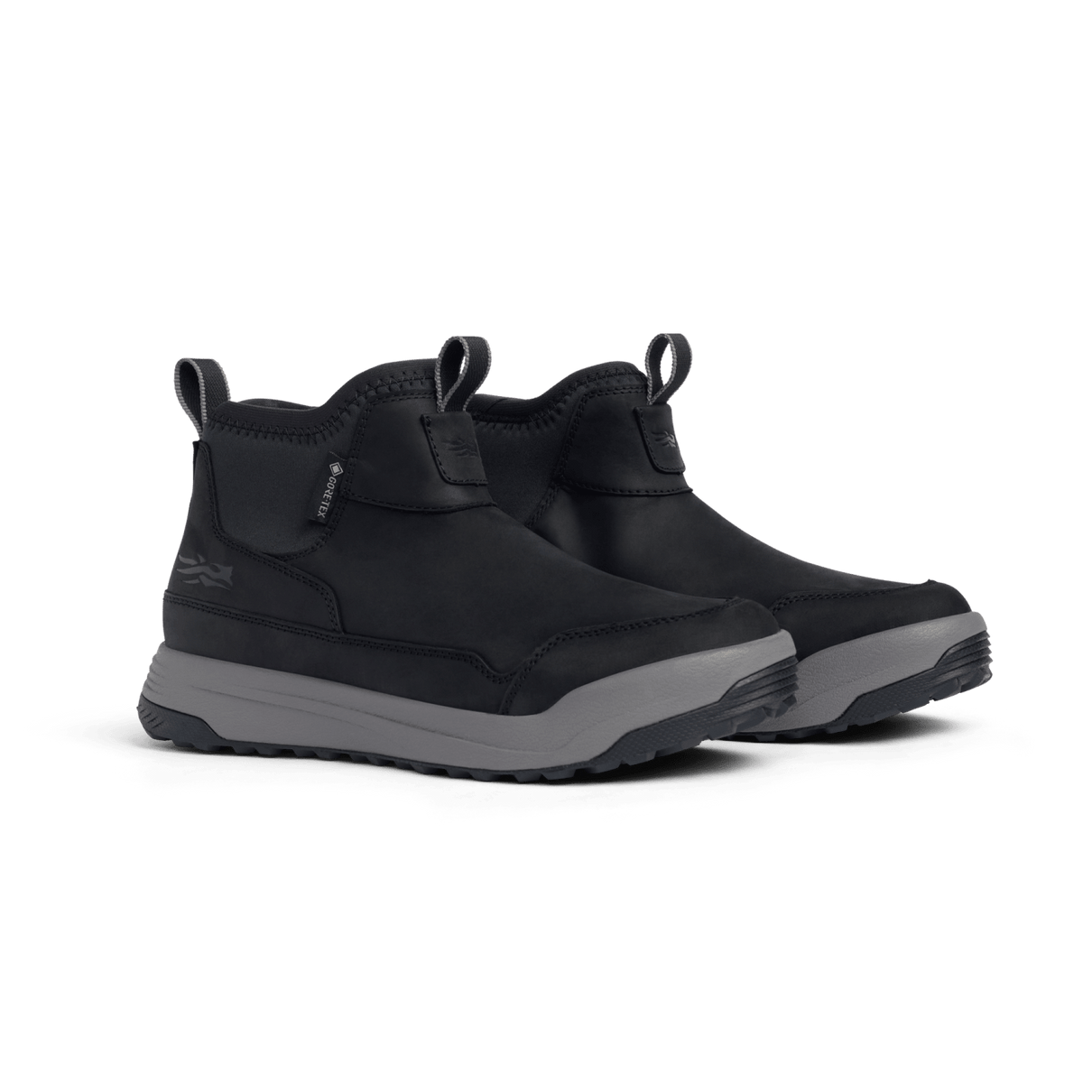 Black suede ankle hiking boots with side pull tabs and thick rubber outsole