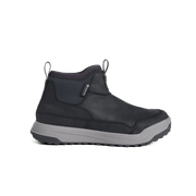 Black suede ankle hiking boot with side gore strap and cushioned collar
