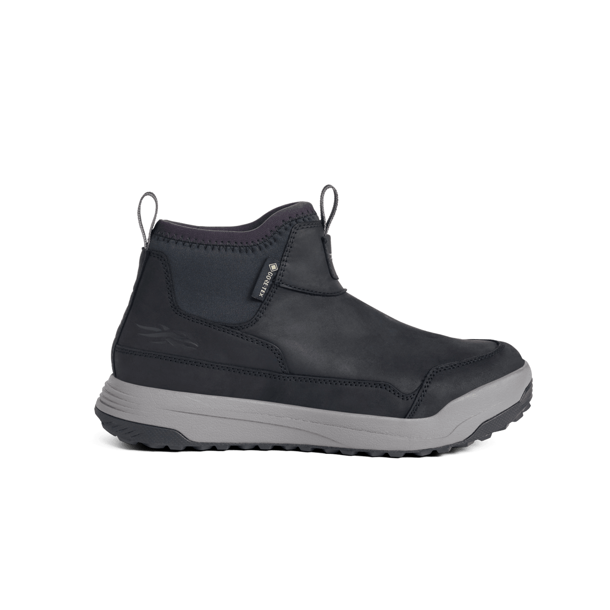Black suede ankle hiking boot with side gore strap and cushioned collar