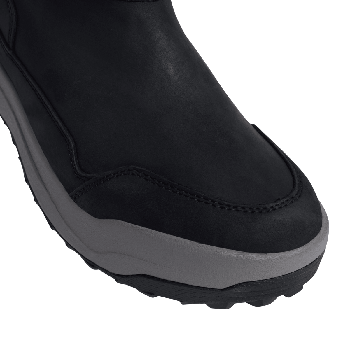 Black suede ankle boot with stitched collar and dark gray traction outsole