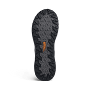 Black rubber outsole with deep tread and orange logo insert