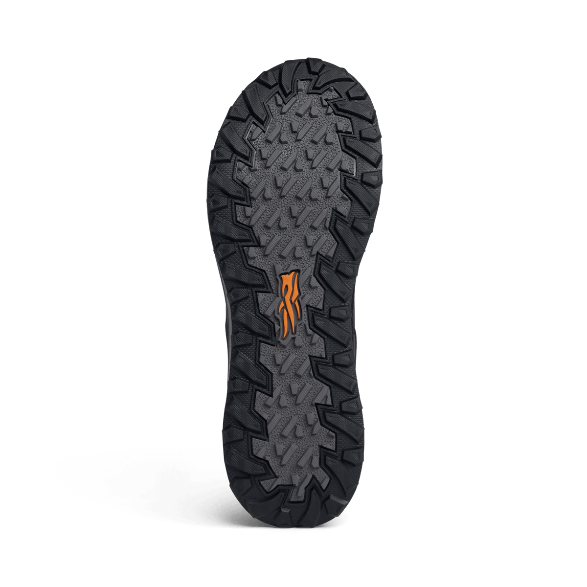 Black rubber outsole with deep tread and orange logo insert